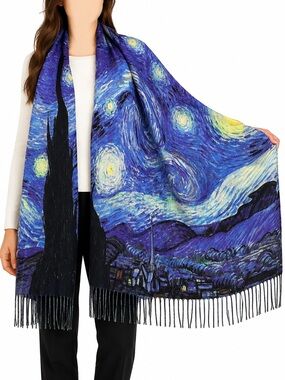 Magic Scarf Starry Night Art Print Oversized Fringe Wrap Scarf